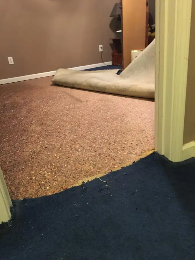 Carpet pad removal revealing water damage during Drying & Dehumidification in Madera Acres